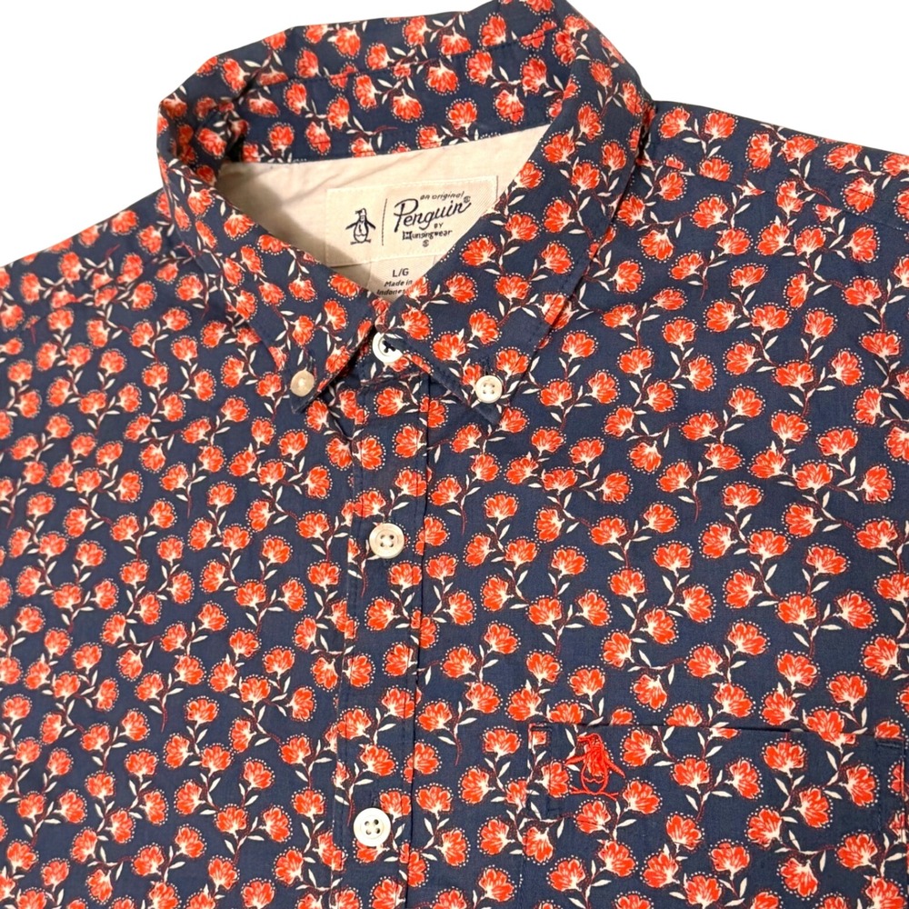 Original Penguin Mens Large Floral Button Up Shirt Short Sleeve Navy Red Cotton